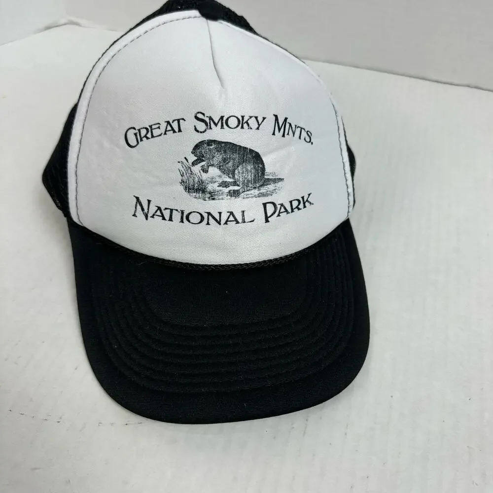 Great Smoky Mountains Black White Mesh Trucker Hat Otto Cap Snapback Baseball
